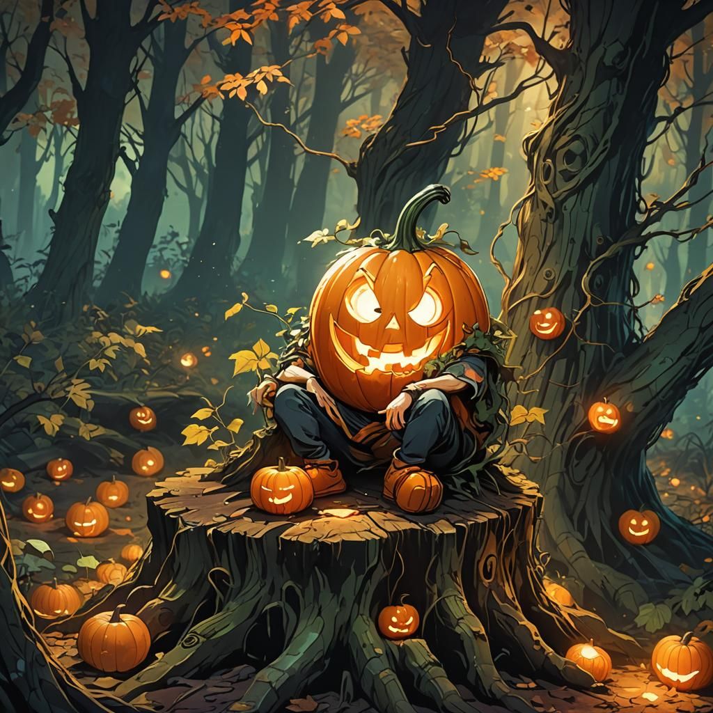 Cinematic Anime Pumpkin Character in Mystical Forest