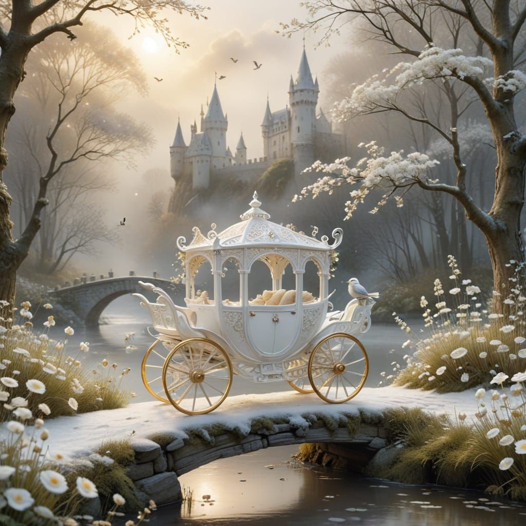 Whimsical White Carriage on Snowy Bridge