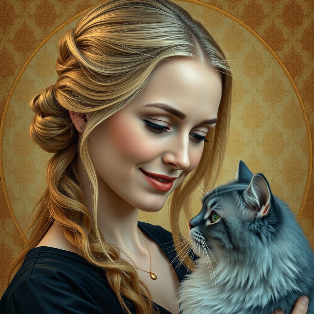 Enigmatic Blonde Woman Gazing at Blue Persian Cat in Golden ...