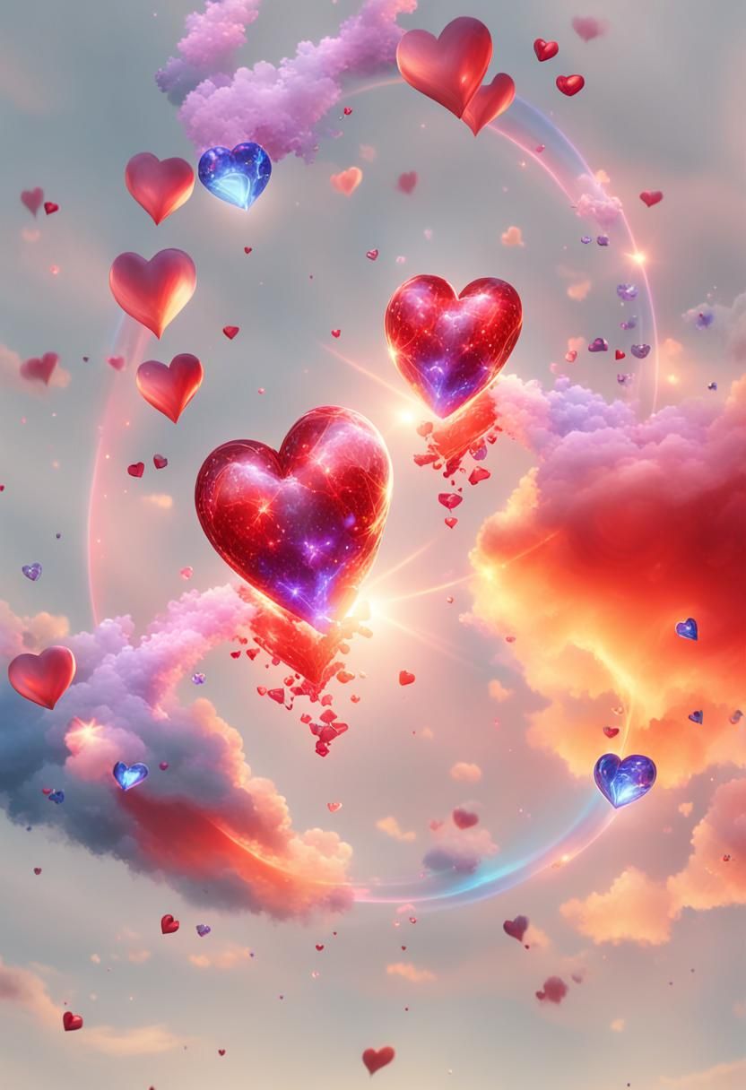 Magical Hearts in Lilac Clouds: Digital Fantasy Art