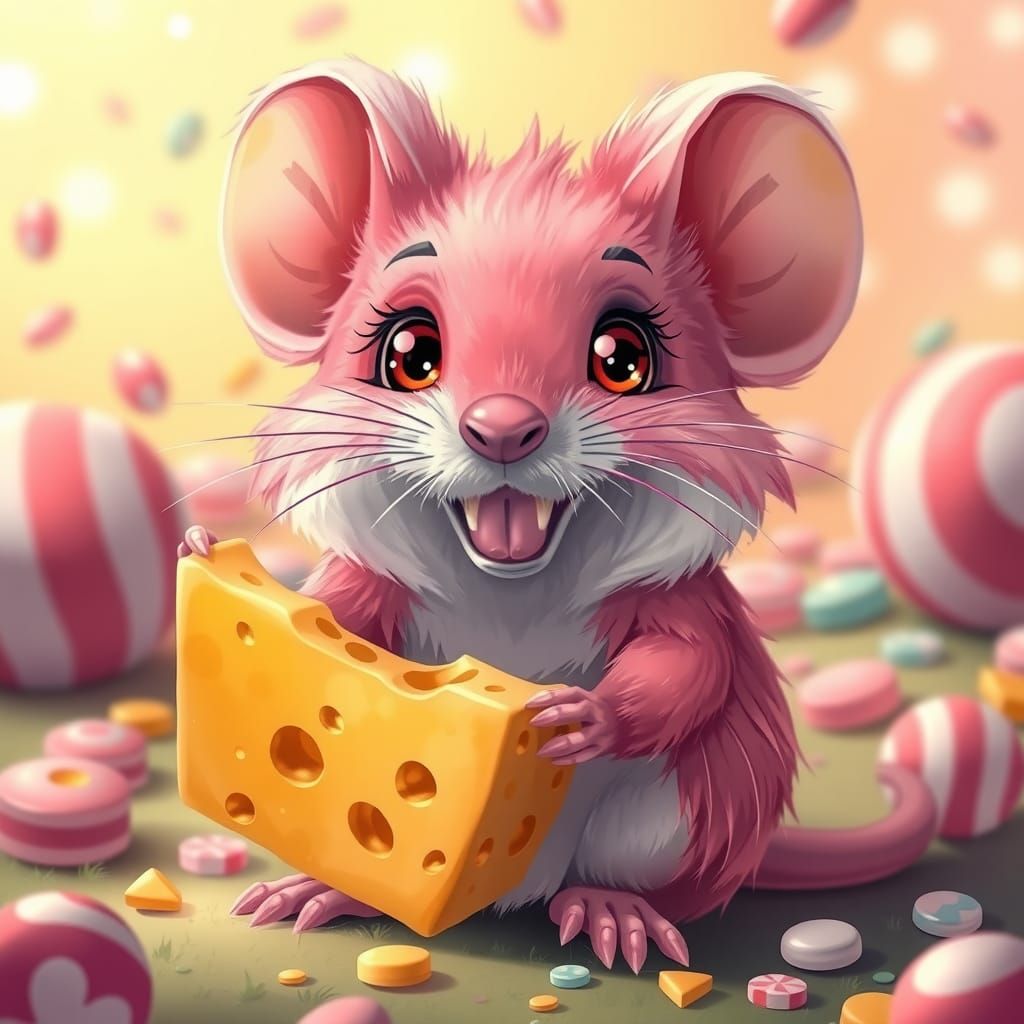 Cute Pink Anime Mouse with Cheese in Candy Land