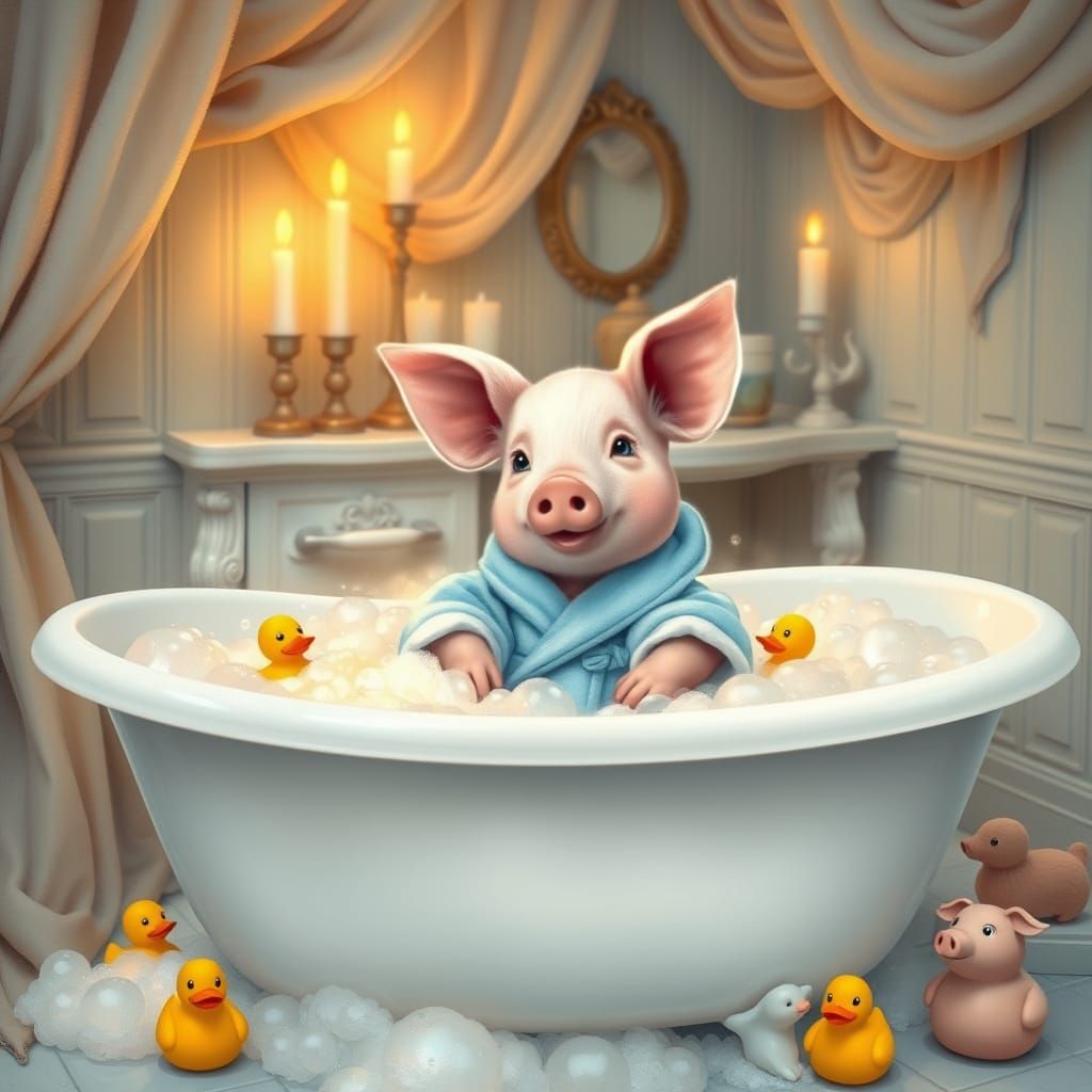 Delicate Piglet Soaks in Whimsical Bath Scene