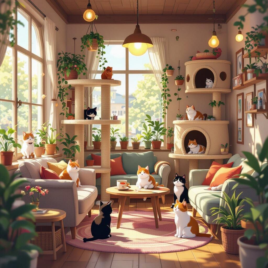 Cozy Cat Cafe in Anime Style