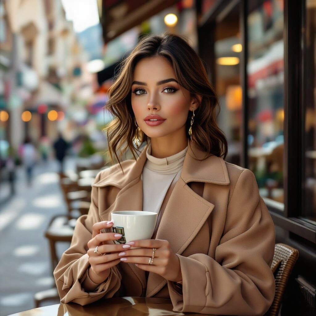 Glamorous Girl at Futuristic Beach Cafe, Syd Mead Style