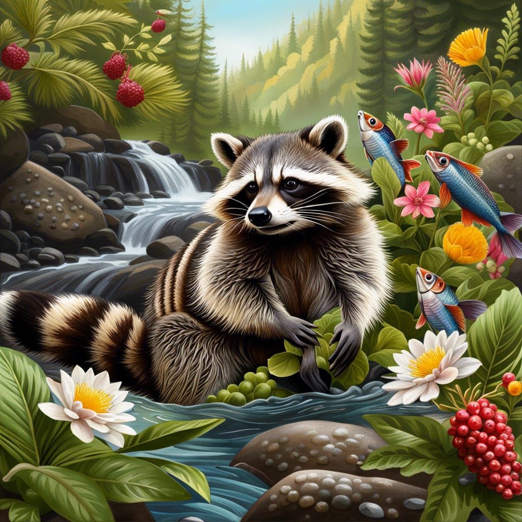 Cheerful Raccoon in Mountain Stream: Hyperrealistic Splash A...