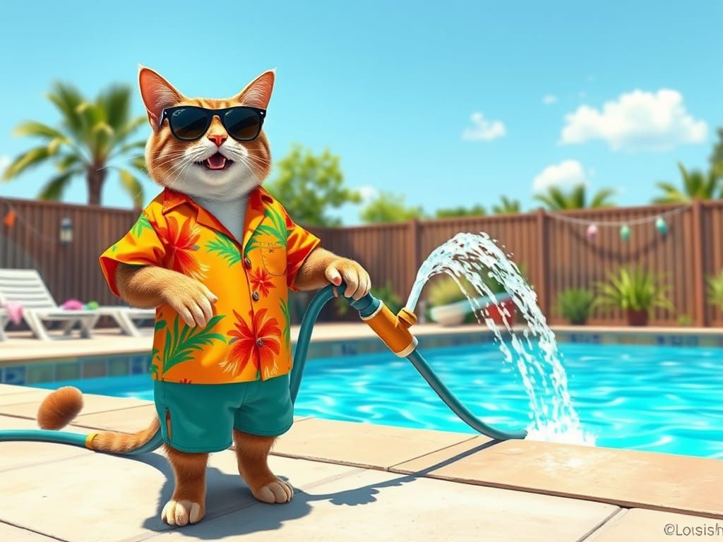 Cat in Hawaiian Shirt Prepares Swimming Pool