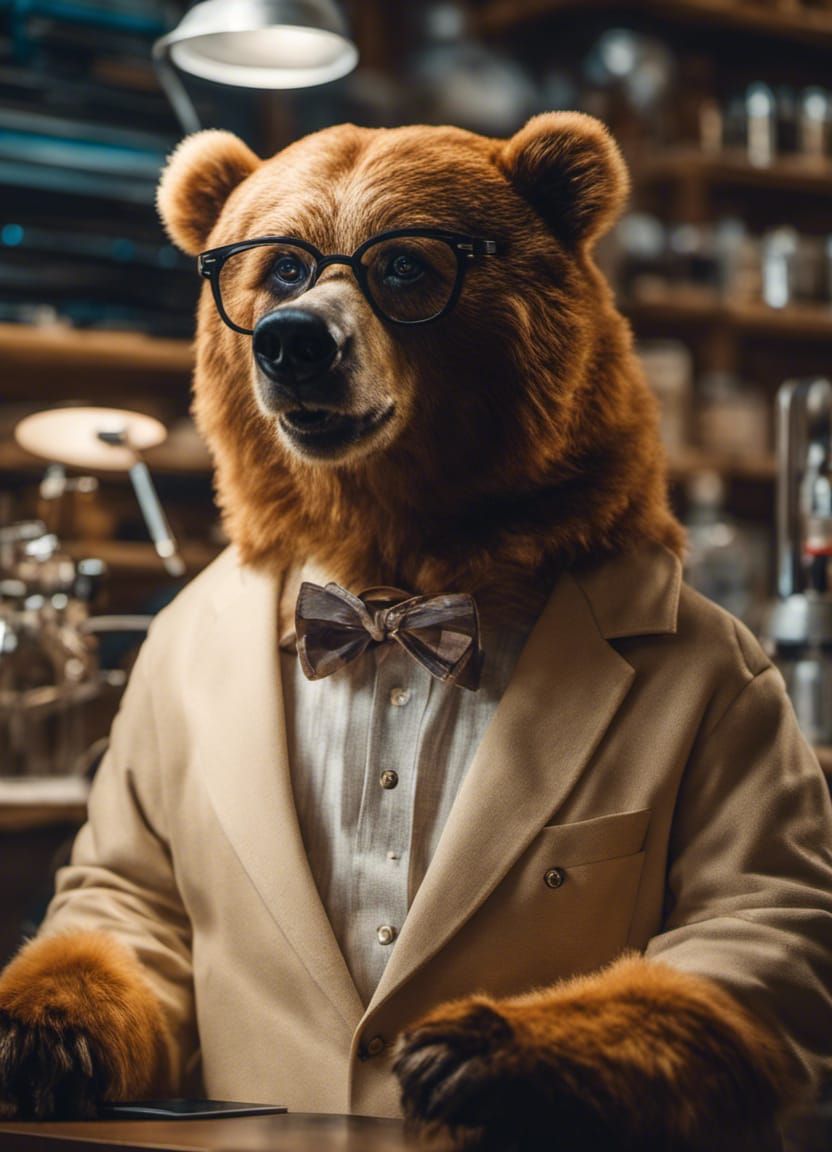 Skinny Grizzly Bear Nerd in Science Lab