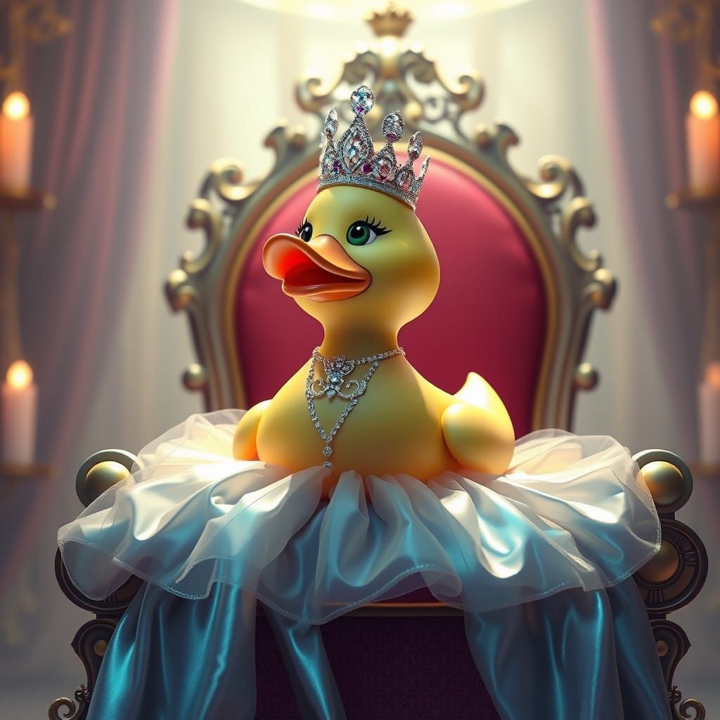 Whimsical Rubber Duck Princess in Dreamlike Throne Room