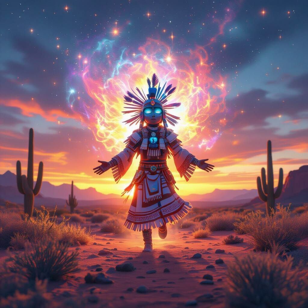 Zuni Kachina Figure in Cosmic Desert Sunset