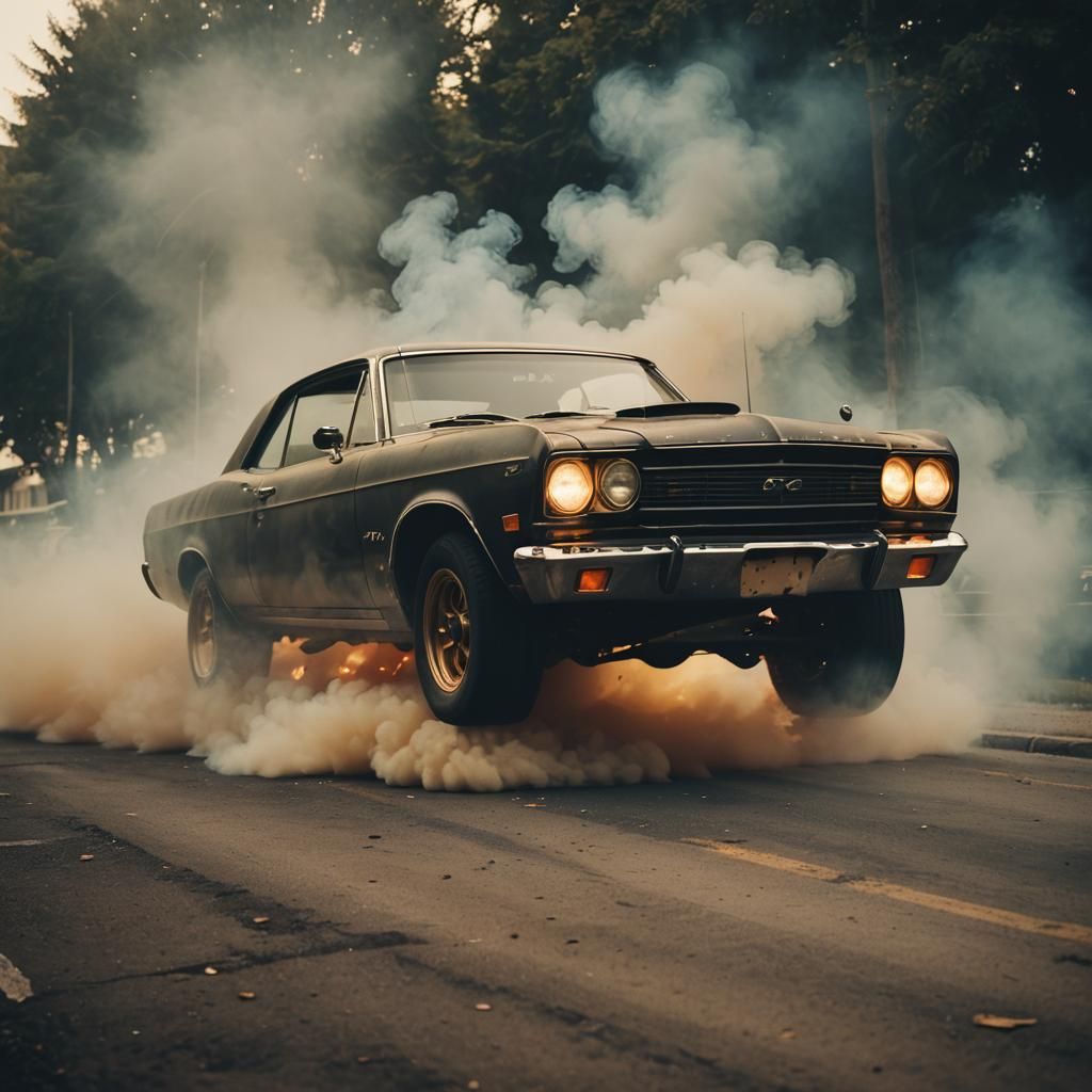 Cinematic Car with Smoking Wheels in Motion Blur