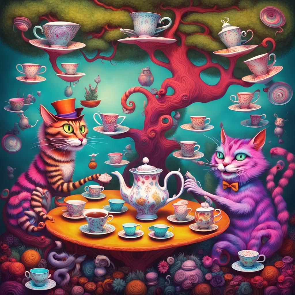Whimsical, psychedelic scene with floating tea cups and talk...