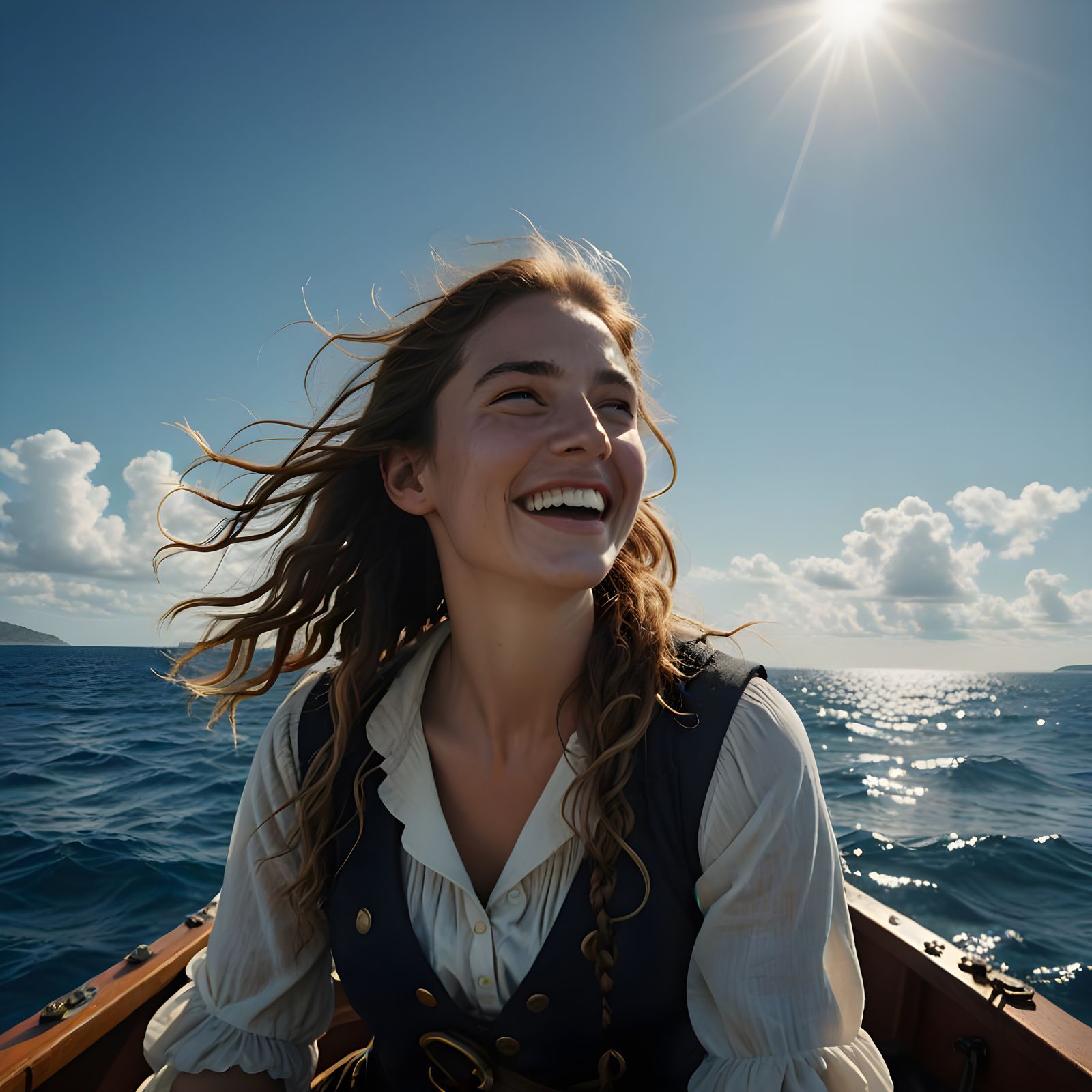 Beautiful Pirate Captain Laughing on Boat