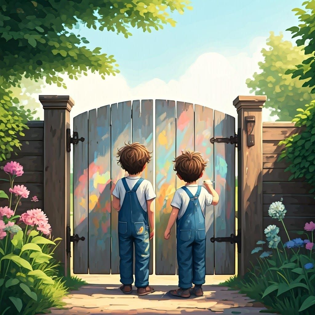 Boys Painting Garden Gate in Impressionist Style
