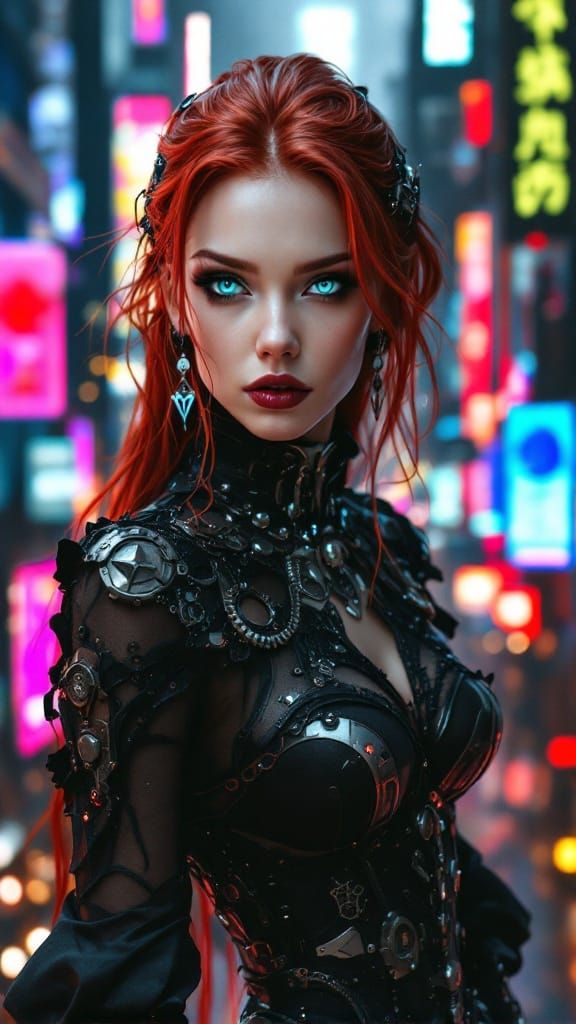 Gothic Cyberpunk High Priestess in Neon Cityscape