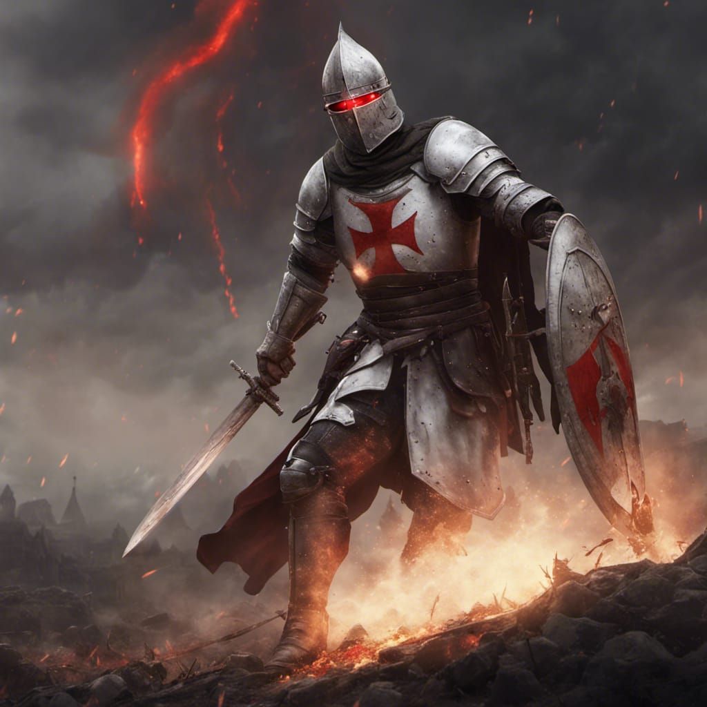 Templar Knight with Glowing Eyes on Battlefield