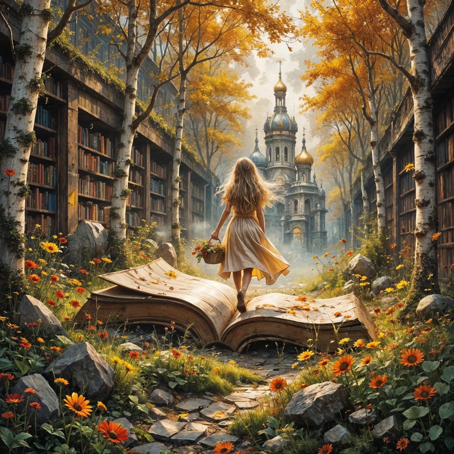 Girl Steps From Open Book Into Magical Autumn Forest