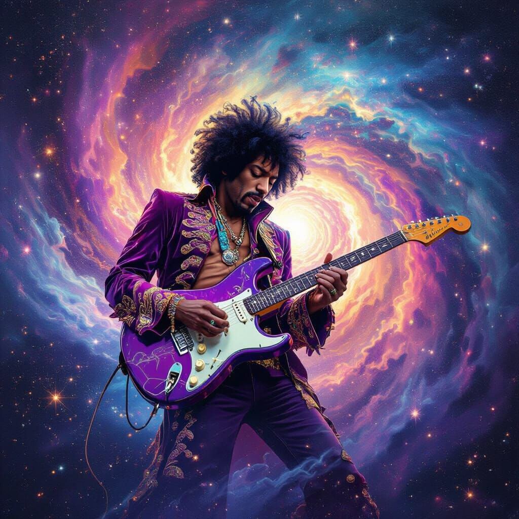 Jimi Hendrix in Cosmic Galaxy, Psychedelic Art Style