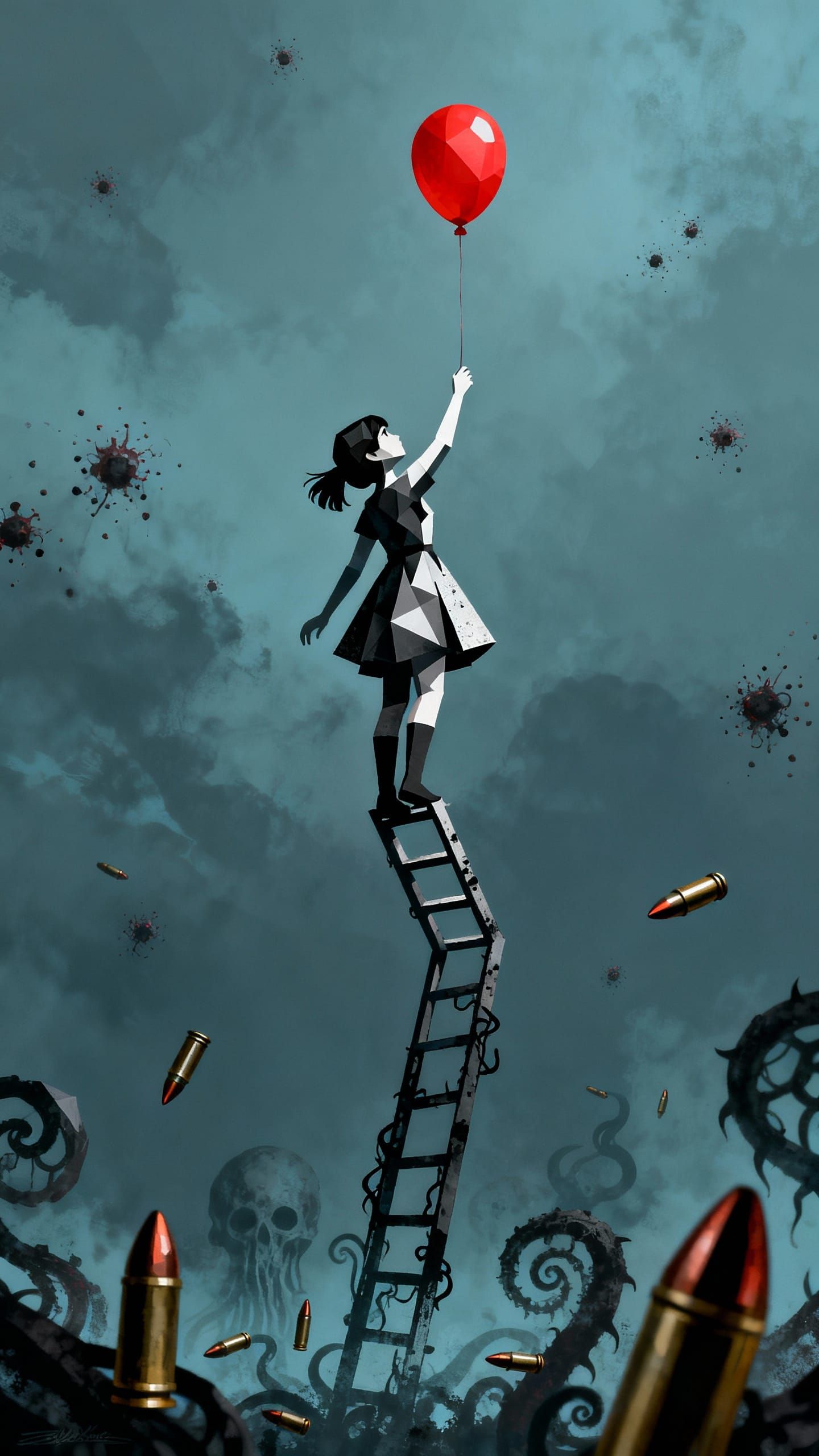 Girl Reaches for Red Balloon on Wonky Ladder