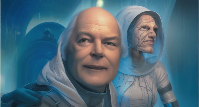 Cybernetic Engineer in Holographic Cyberpunk Style