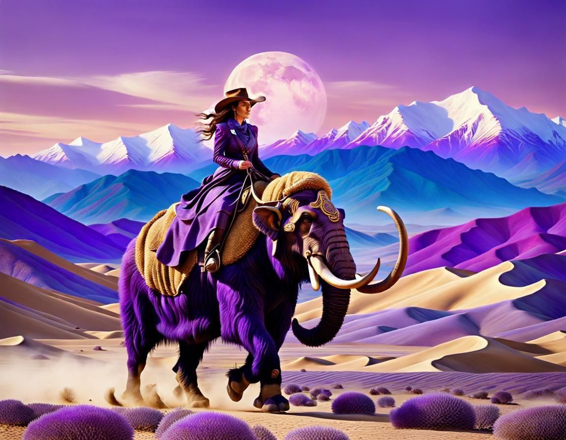 Cowgirl on Mammoth in Klimt-Inspired Desert