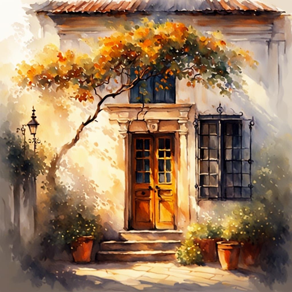 Courtyard Orange Tree: Impressionist Watercolor Painting