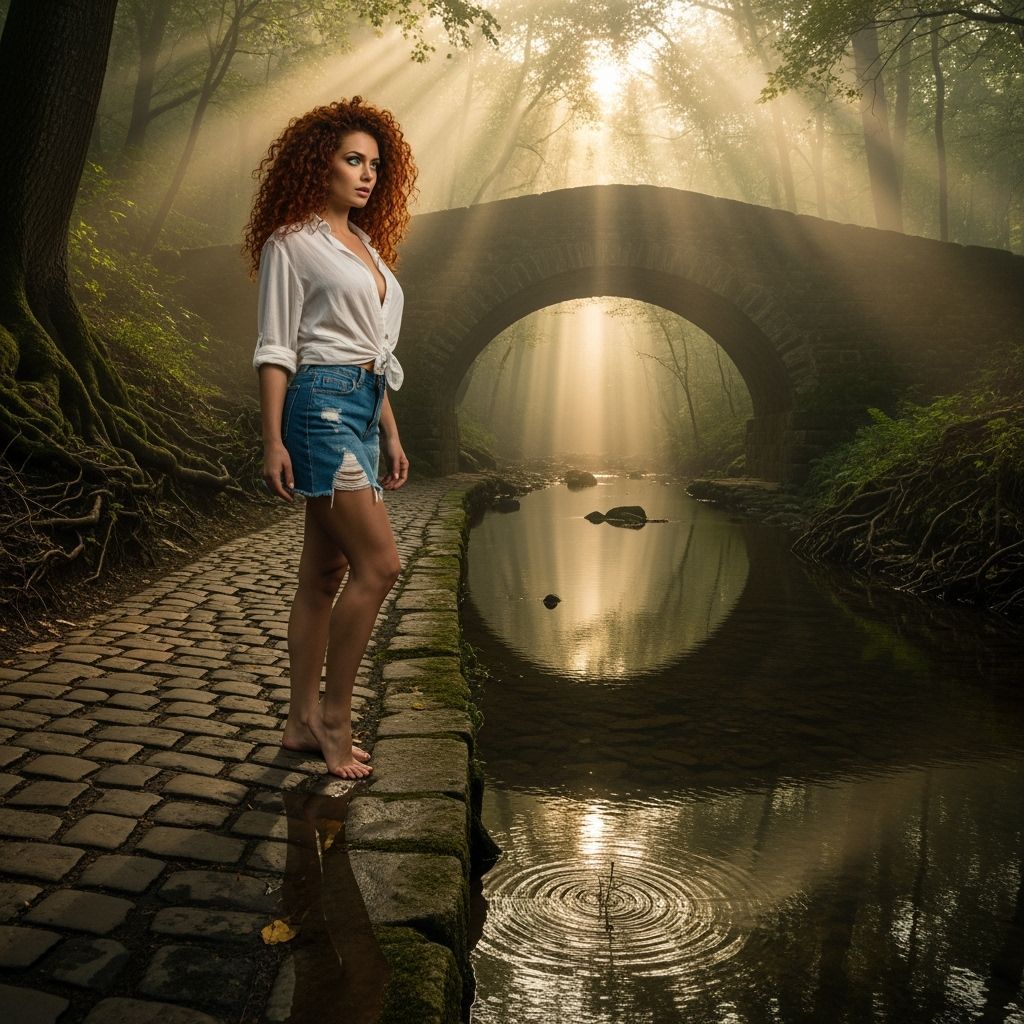 Woman with Red Hair Reflecting on Stream: Photorealistic Art