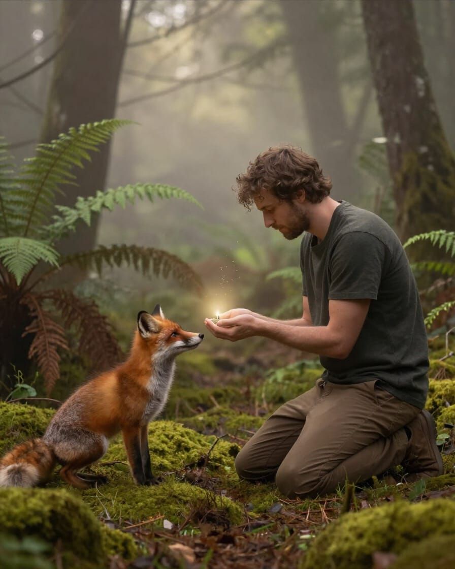 Man Offers Glowing Seed to Fox in Ethereal Forest
