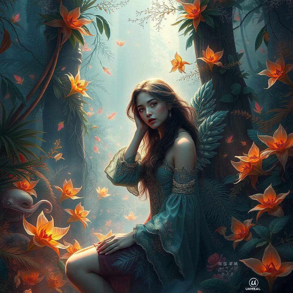 Dreamlike Woman in Mystical Fantasy Landscape