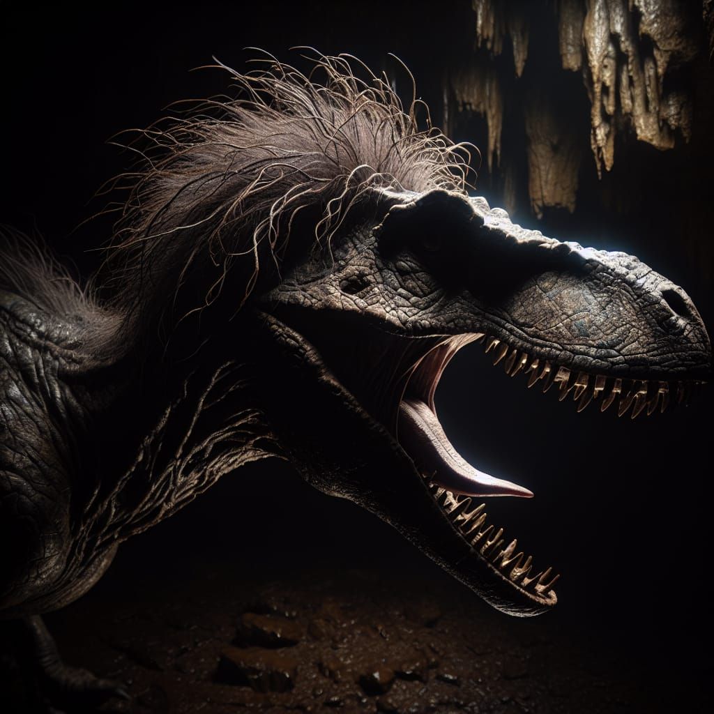 Velociraptor Yawning in Dark Cave