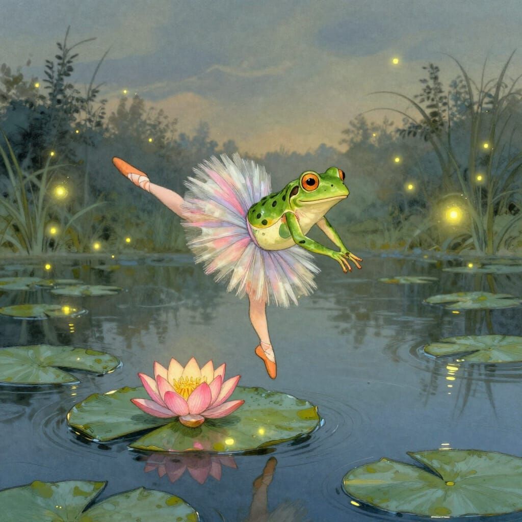 Ballerina Frog Dancing on Lily Pad at Twilight