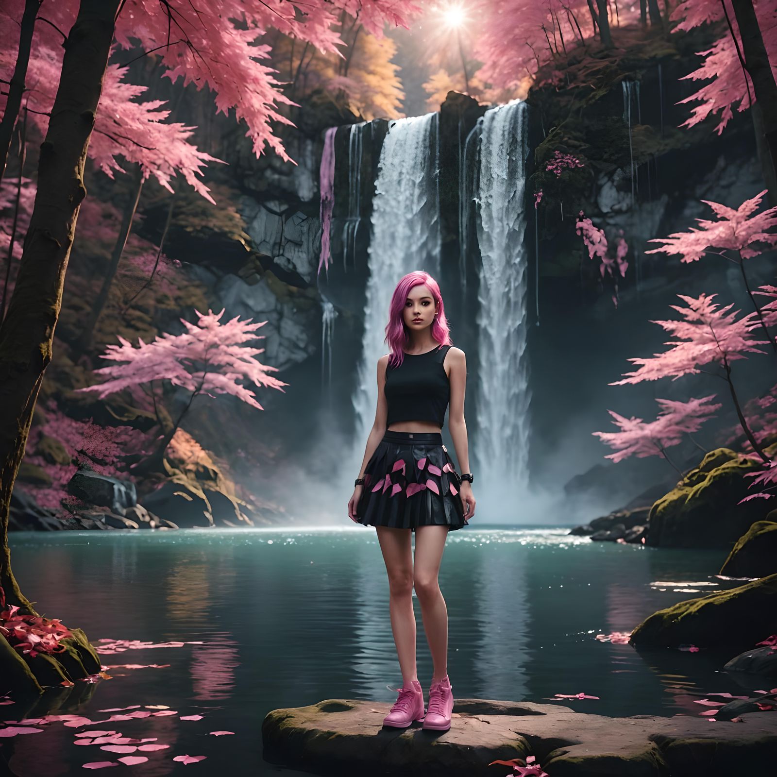 Girl with Pink Hair in Mystical Forest Scene