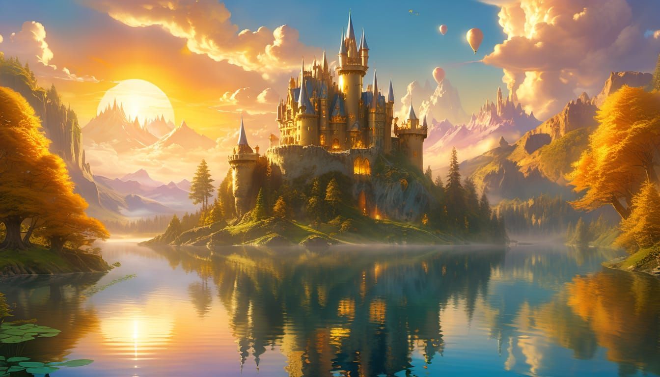 Surreal Fantasy Castle Soars Above a Serene Lake in a Golden...