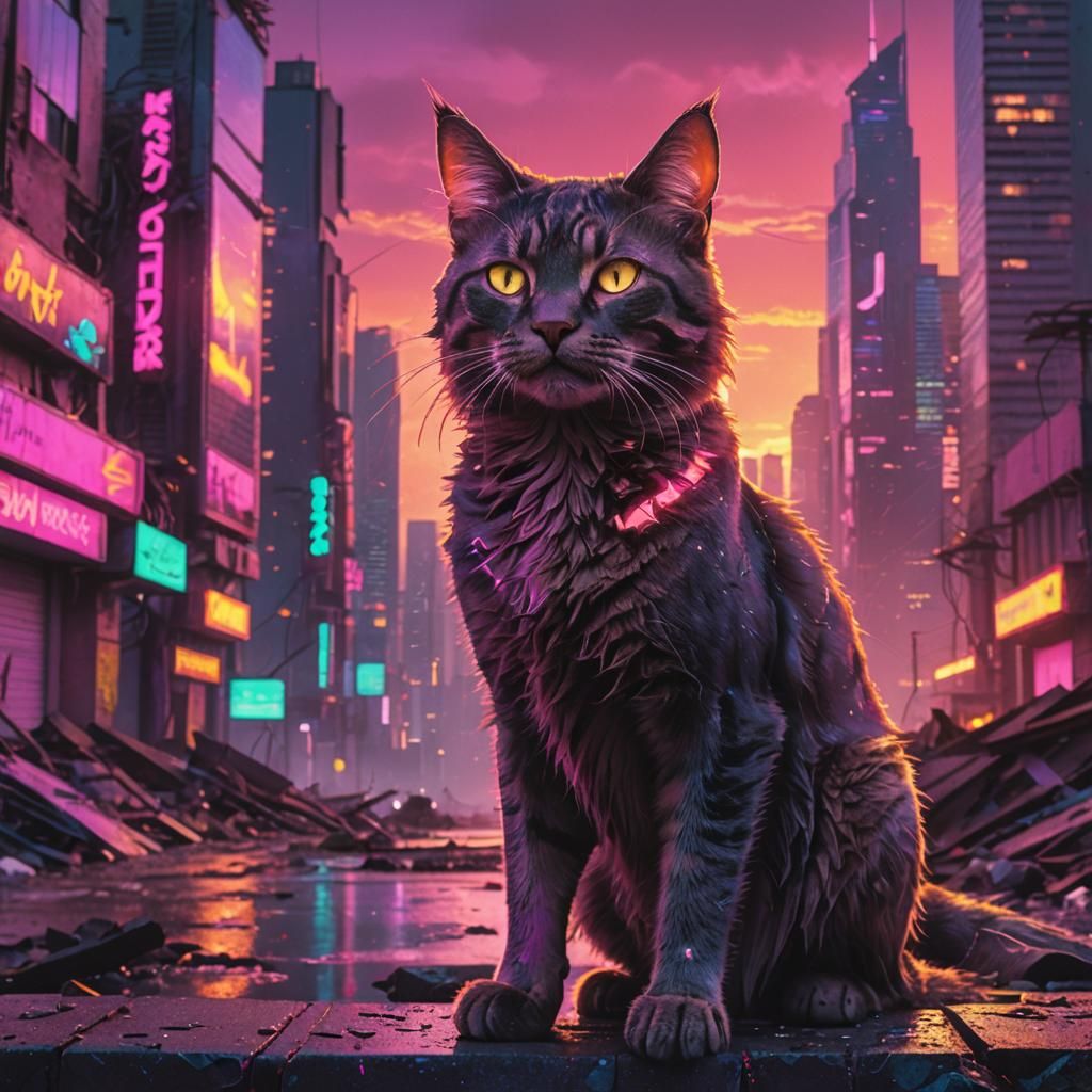 Warrior Cat in Synthwave Neon City Ruins