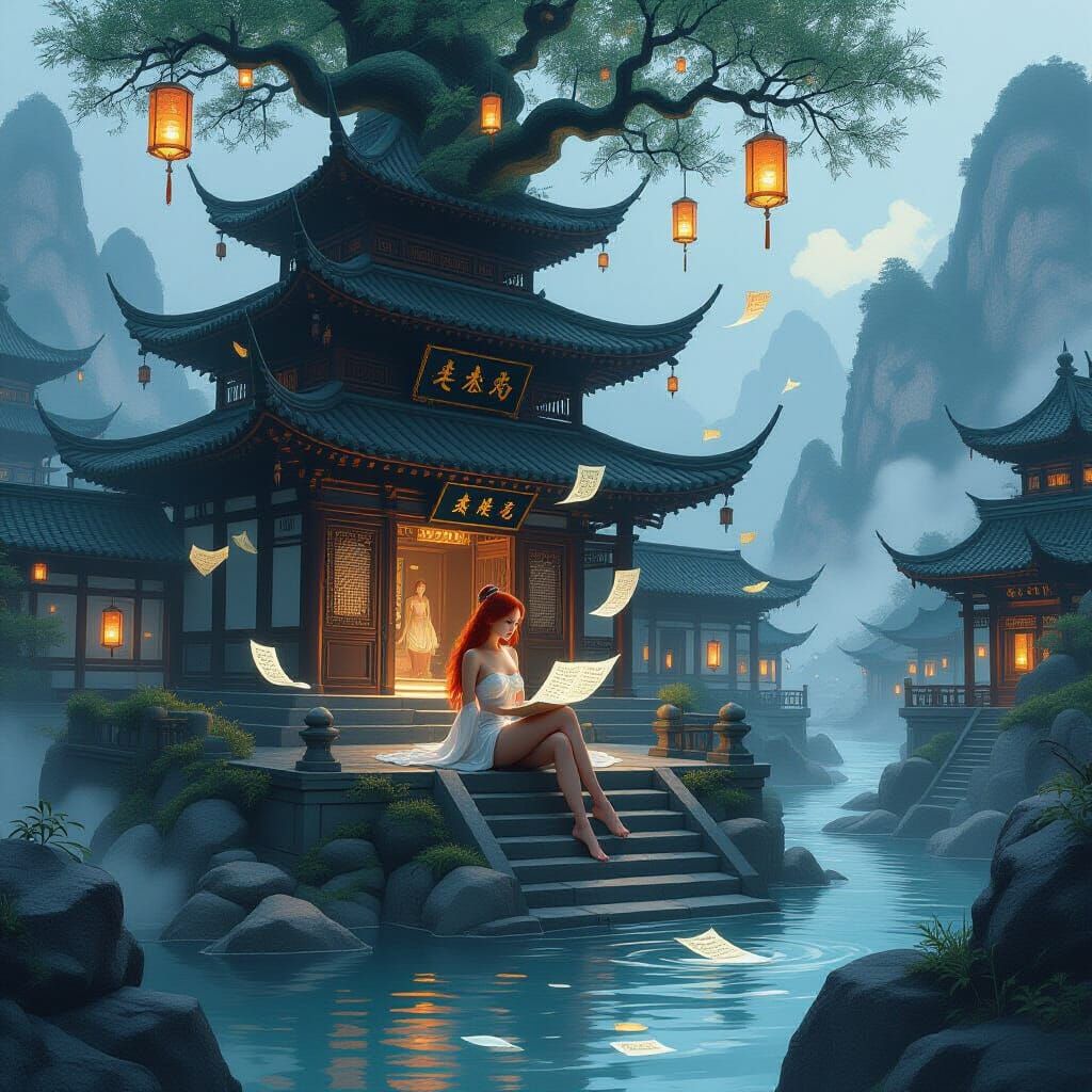 Redhead Pin-up in Misty Mountain Temple of Thought