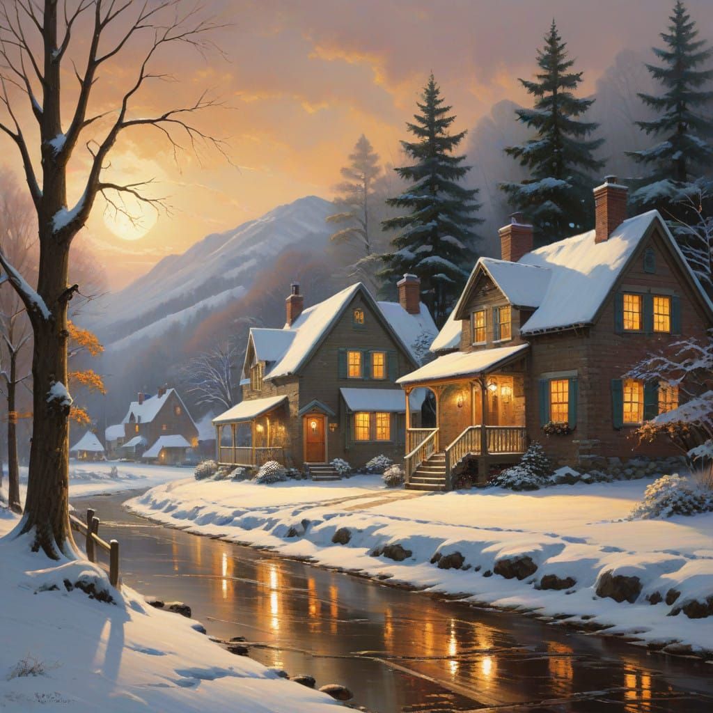 Whimsical Winter Village in Warm Golden Light