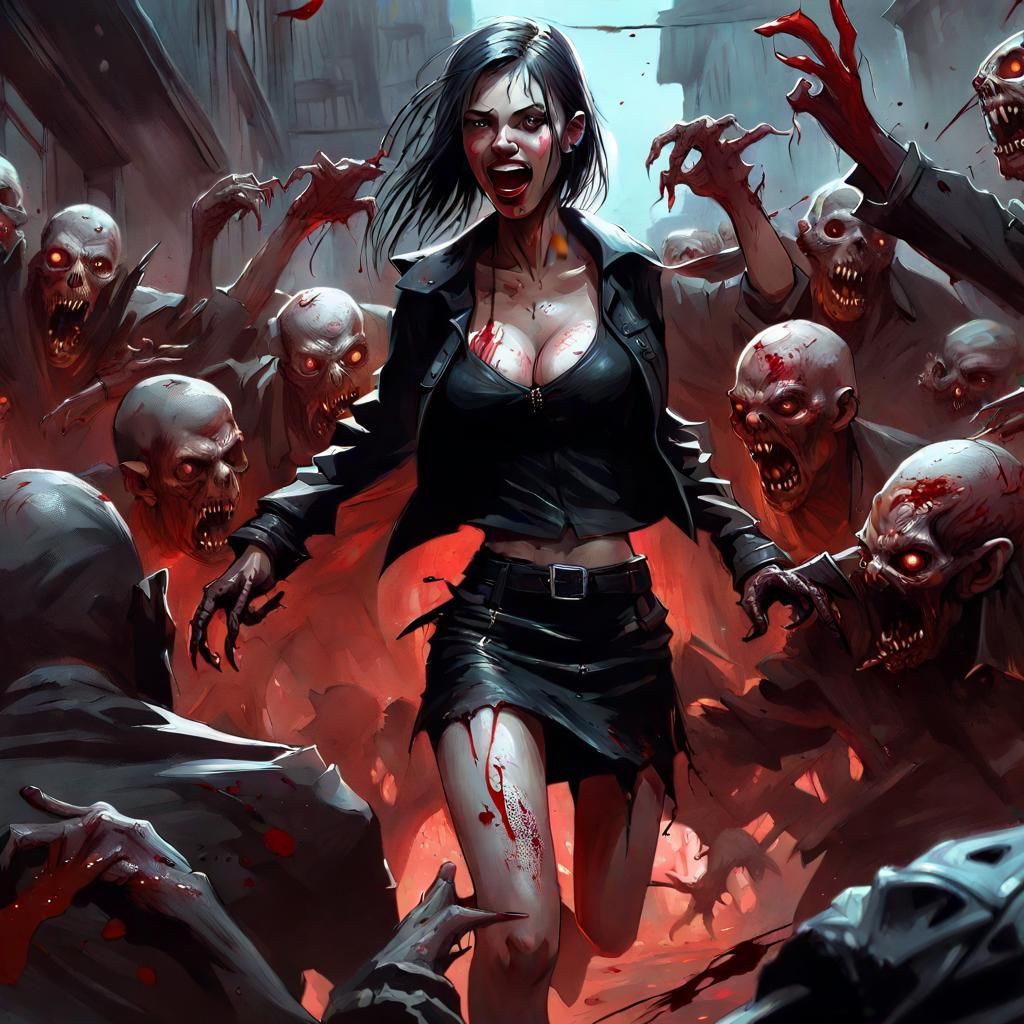 Vampire Girl vs Zombie Horde in Dark Fantasy Art