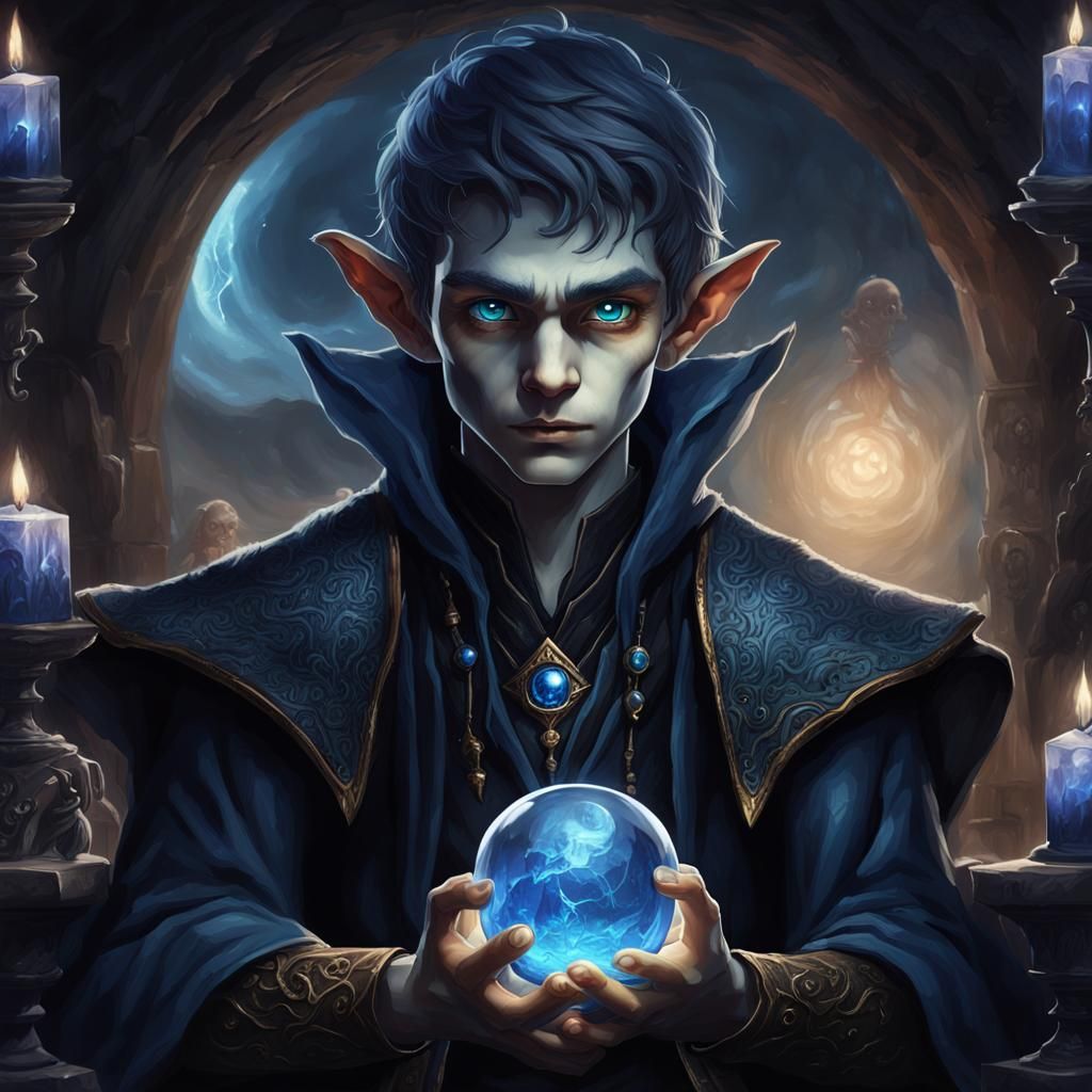 Young Elf Wizard with Crystal Ball, Fantasy Art