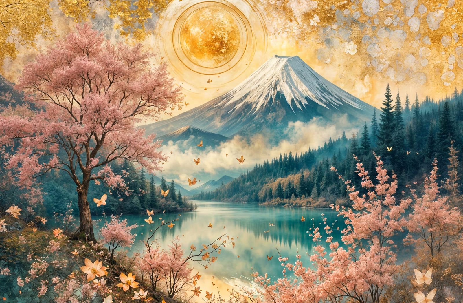 Mt Fuji Moonrise Over Misty Lake in Collage Style