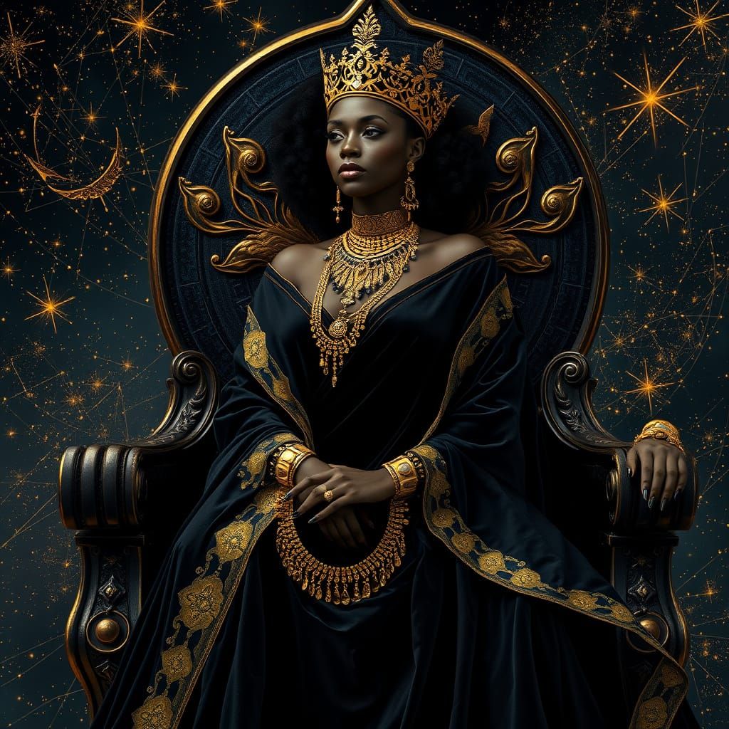 Regal Woman on Obsidian Throne in Klimt Style