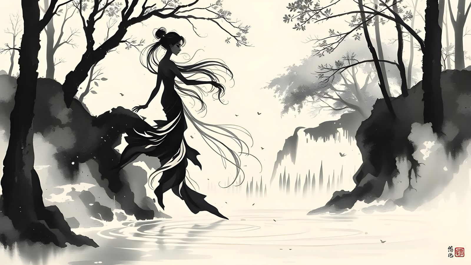 Mystical Wood Nymph in Serene Forest, Sumi-e Style