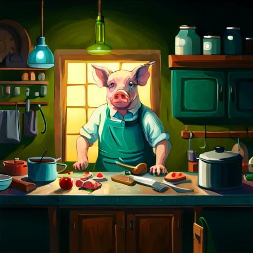 Butcher Pig in Apron: Dramatic Oil Painting