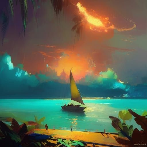 Paradise Island Ship at Sunset: Detailed Matte Painting