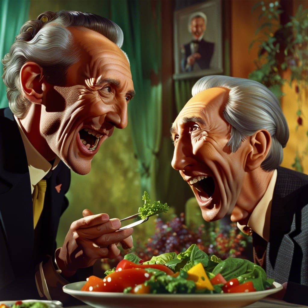Cushing and Lee Laughing: Hyperrealistic Salad Scene