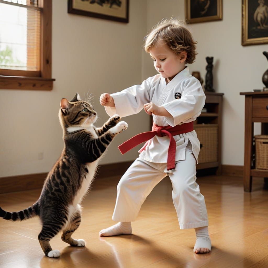 Child and Cat Practicing Karate Together