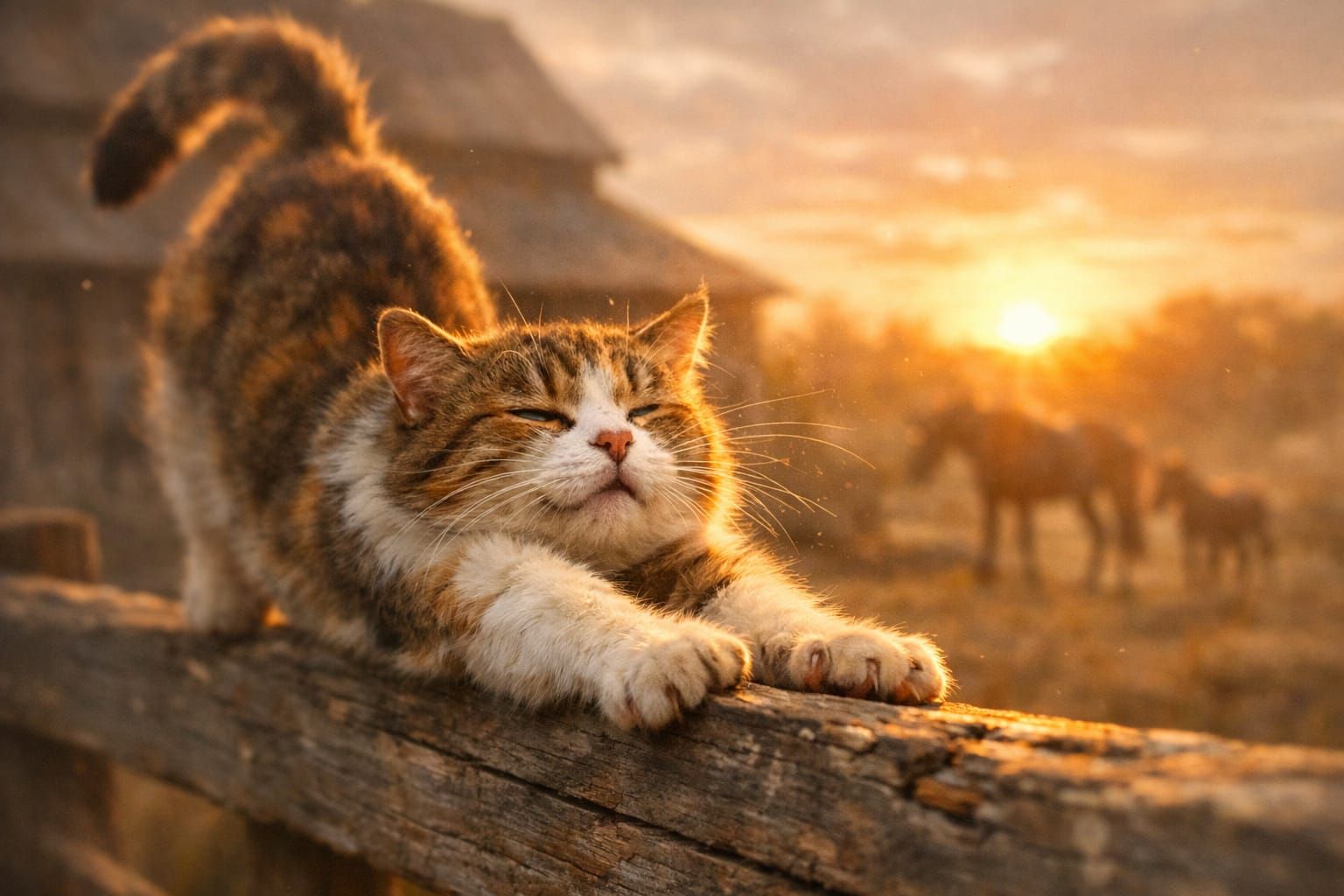 Barn Cat Stretches in Golden Sunrise Light