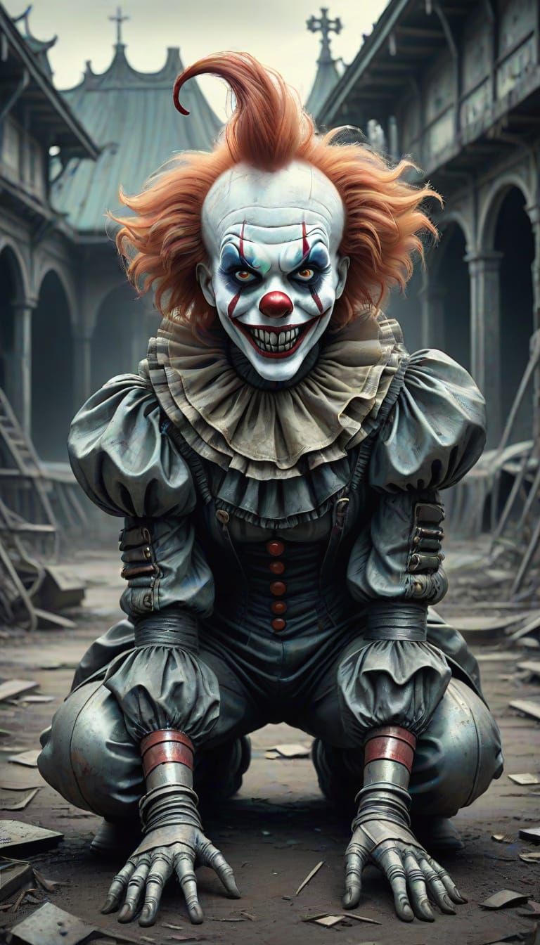 Creepy Clown Crouching in Abandoned Park, HR Giger Inspired