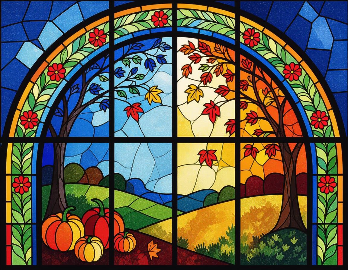 Autumn Stained Glass Window with Fall Flowers