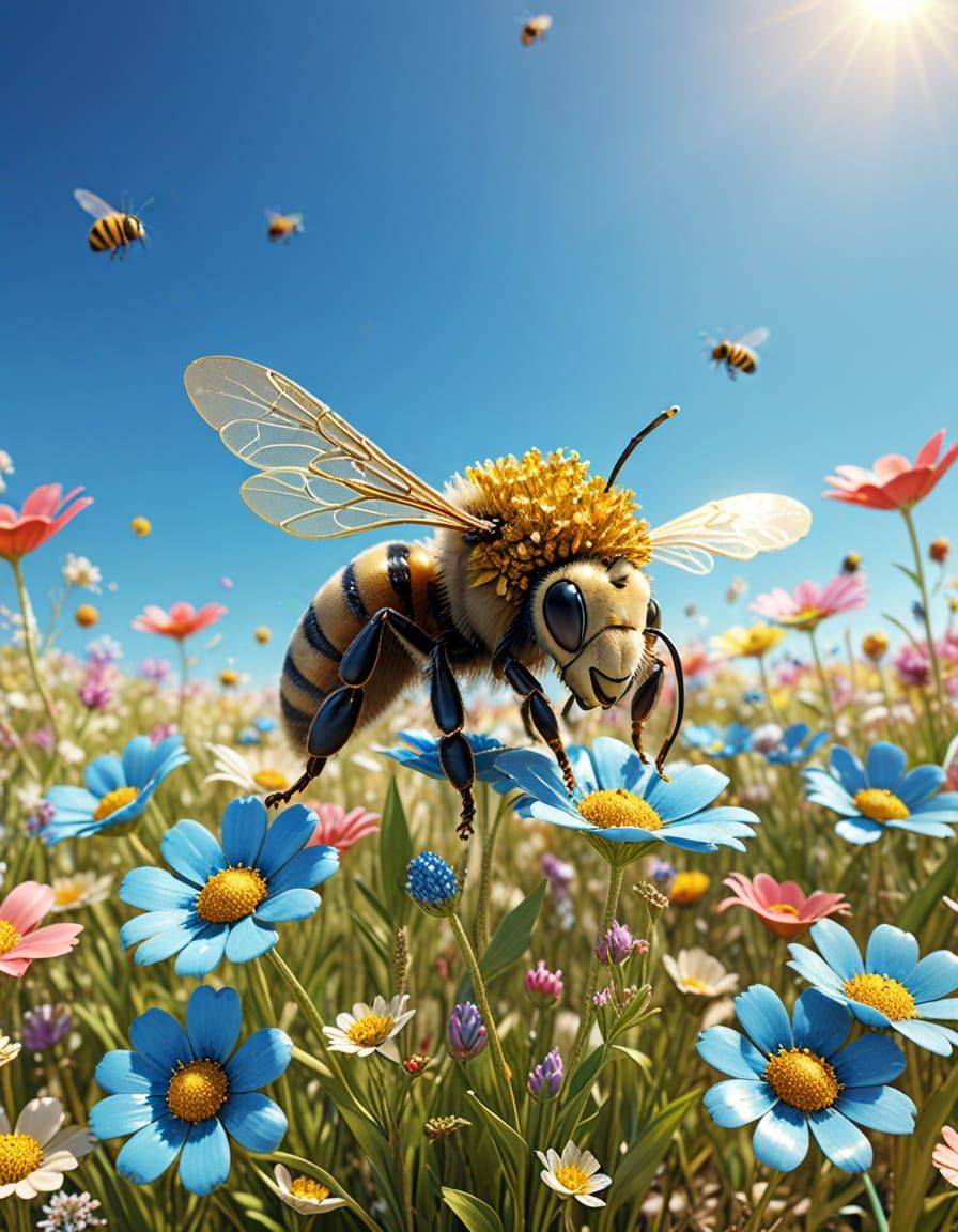 Bee in Flower Meadow with Beach Holiday Theme