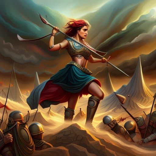 Amazon Warriors Clash with Persian Army in Matte Painting