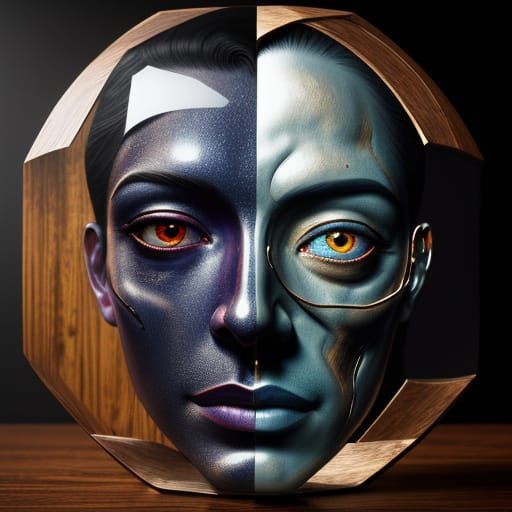 Surreal Face Split with Glass and Wood